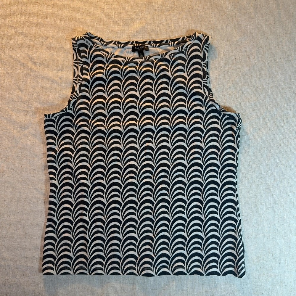 Talbots Petites Sleeveless Tank Top Black White Scallop Print Scoop Neck